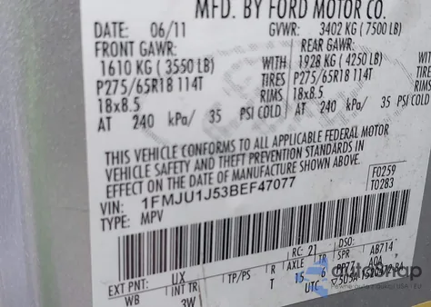 2011 Ford Expedition Xlt from USA, damaged, VIN 1FMJU1J53BEF47077